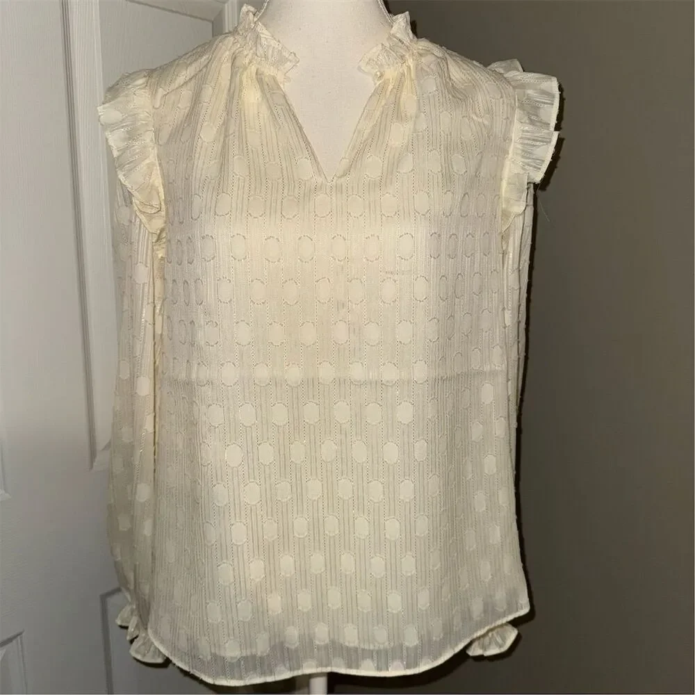 Joie Women's Ivory and Gold Ruffle Blouse M Long Balloon Sleeve Party Christmas - Picture 1 of 17